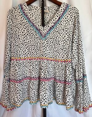 Women's Tiered Babydoll Blouse Polka Dots & Rick Rack Trim Size Large